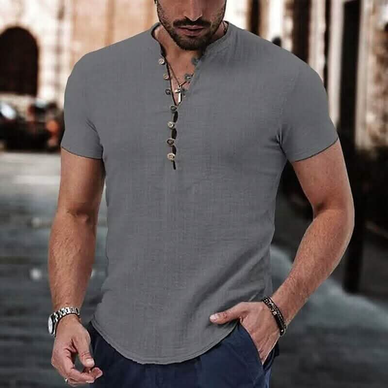 Men's Popover Shirt Short Sleeve Plain V Neck DailySale