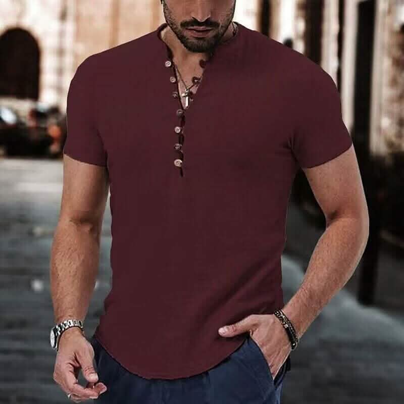 Men's Popover Shirt Short Sleeve Plain V Neck DailySale