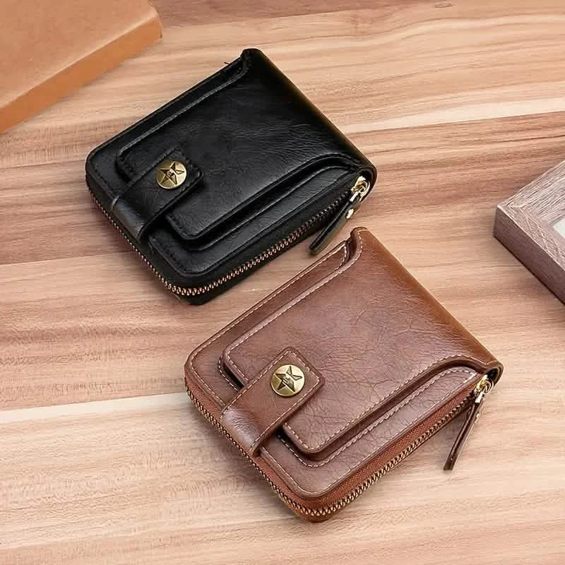 Men's PU Leather Solid Color Business Wallet, Card Holder With Zipper & Button DailySale
