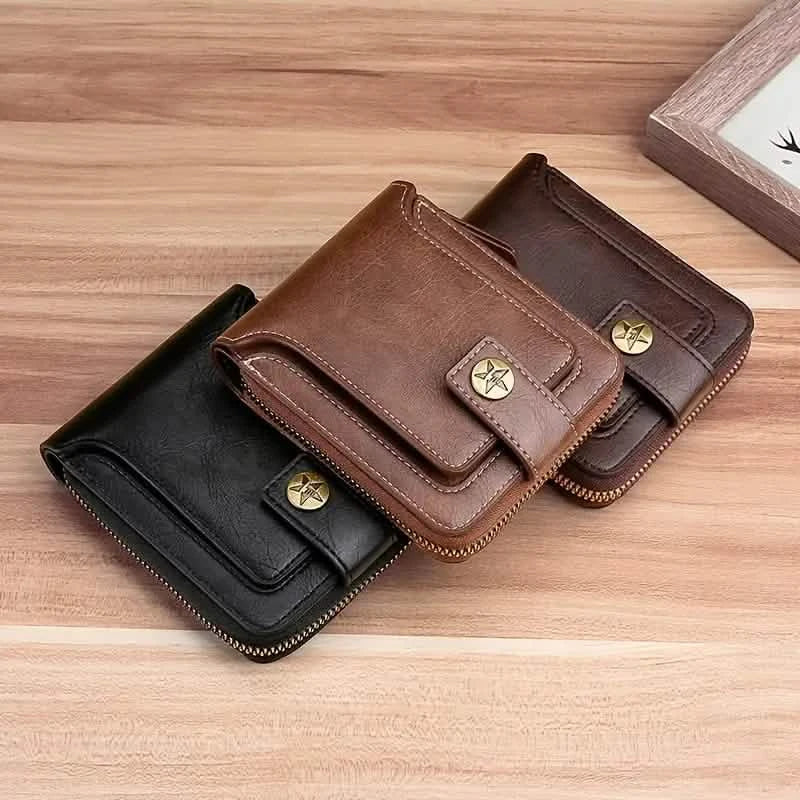 Men's PU Leather Solid Color Business Wallet, Card Holder With Zipper & Button DailySale