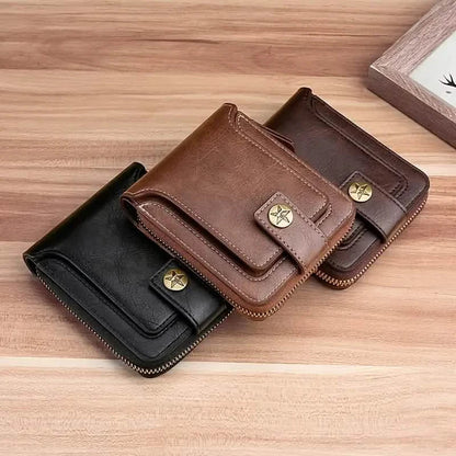 Men's PU Leather Solid Color Business Wallet, Card Holder With Zipper & Button DailySale