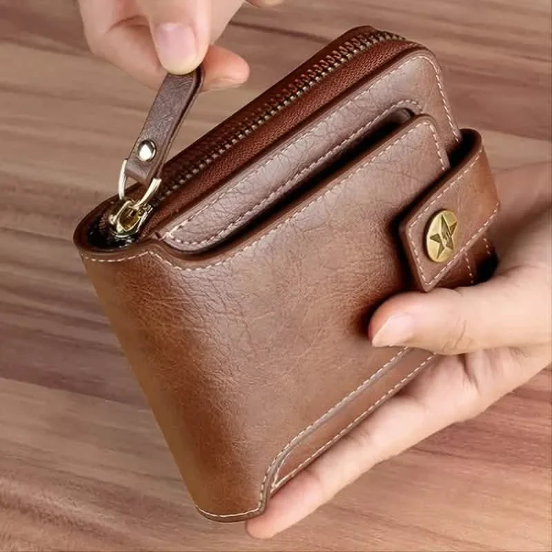 Men's PU Leather Solid Color Business Wallet, Card Holder With Zipper & Button DailySale