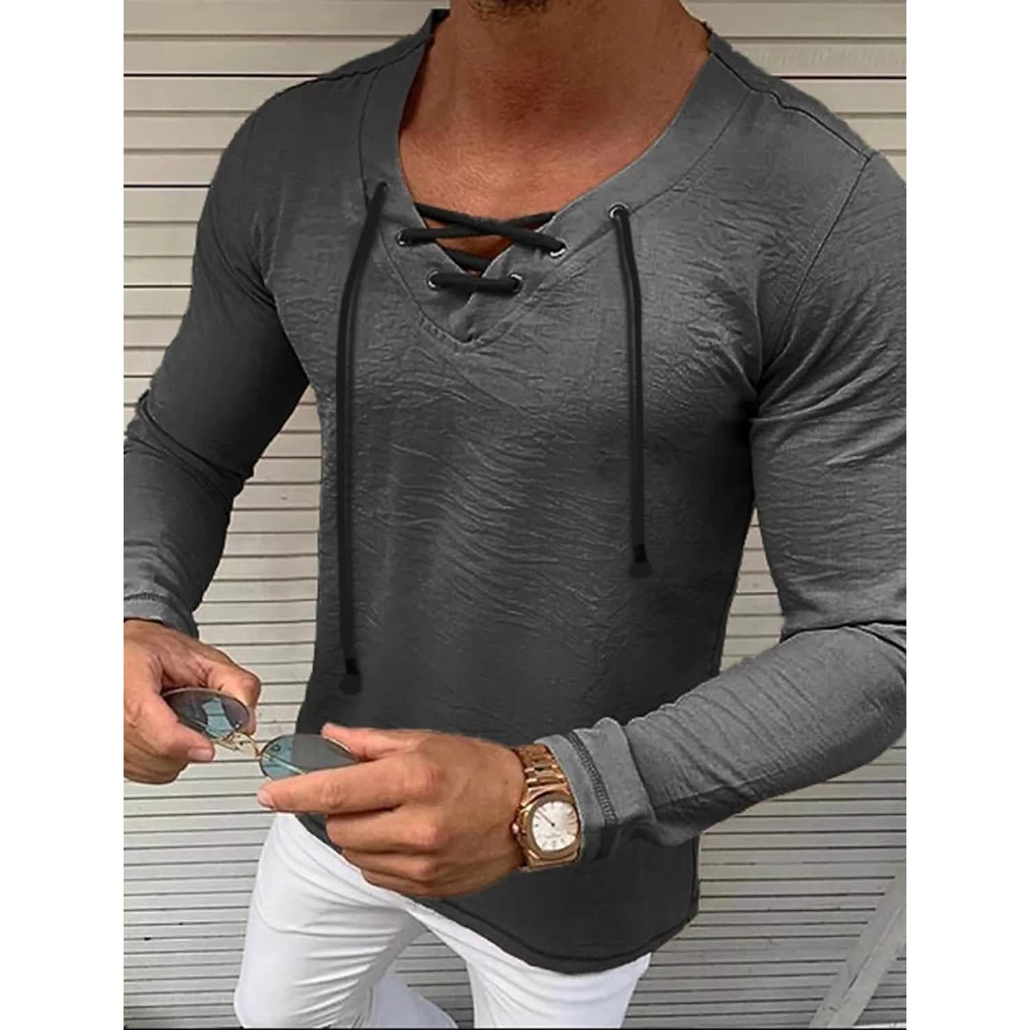 Men's Solid V Neck Long Sleeved Cotton Linen Shirt DailySale