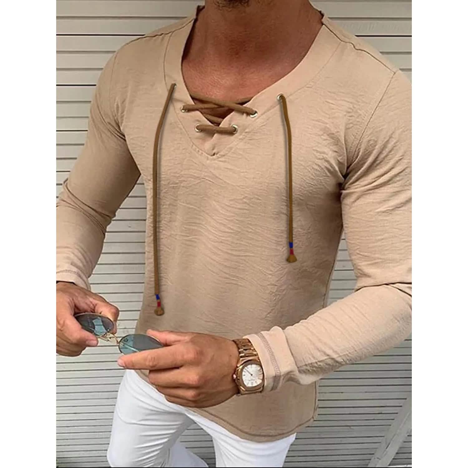 Men's Solid V Neck Long Sleeved Cotton Linen Shirt DailySale
