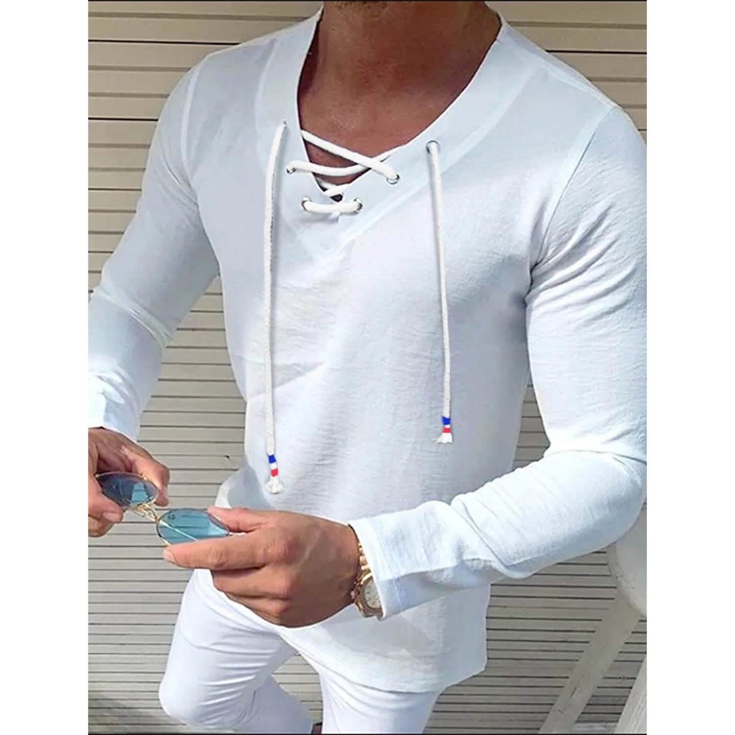 Men's Solid V Neck Long Sleeved Cotton Linen Shirt DailySale