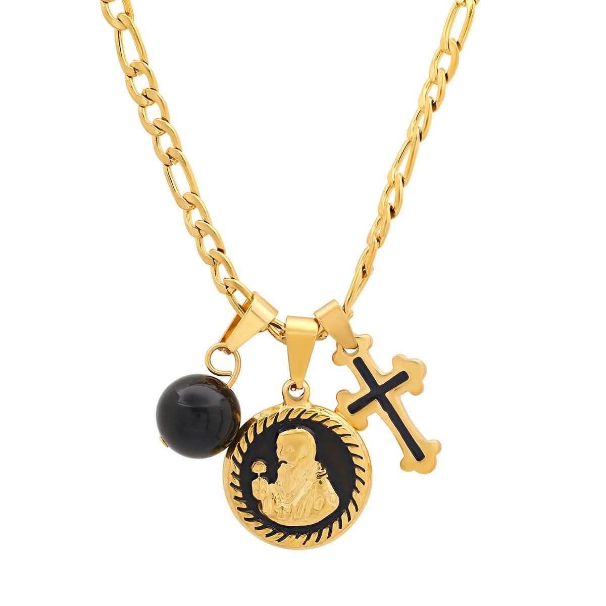 Men's Stainless Steel and Black Enamel St. Benedict, Black Ball and Cross Charm Pendant DailySale
