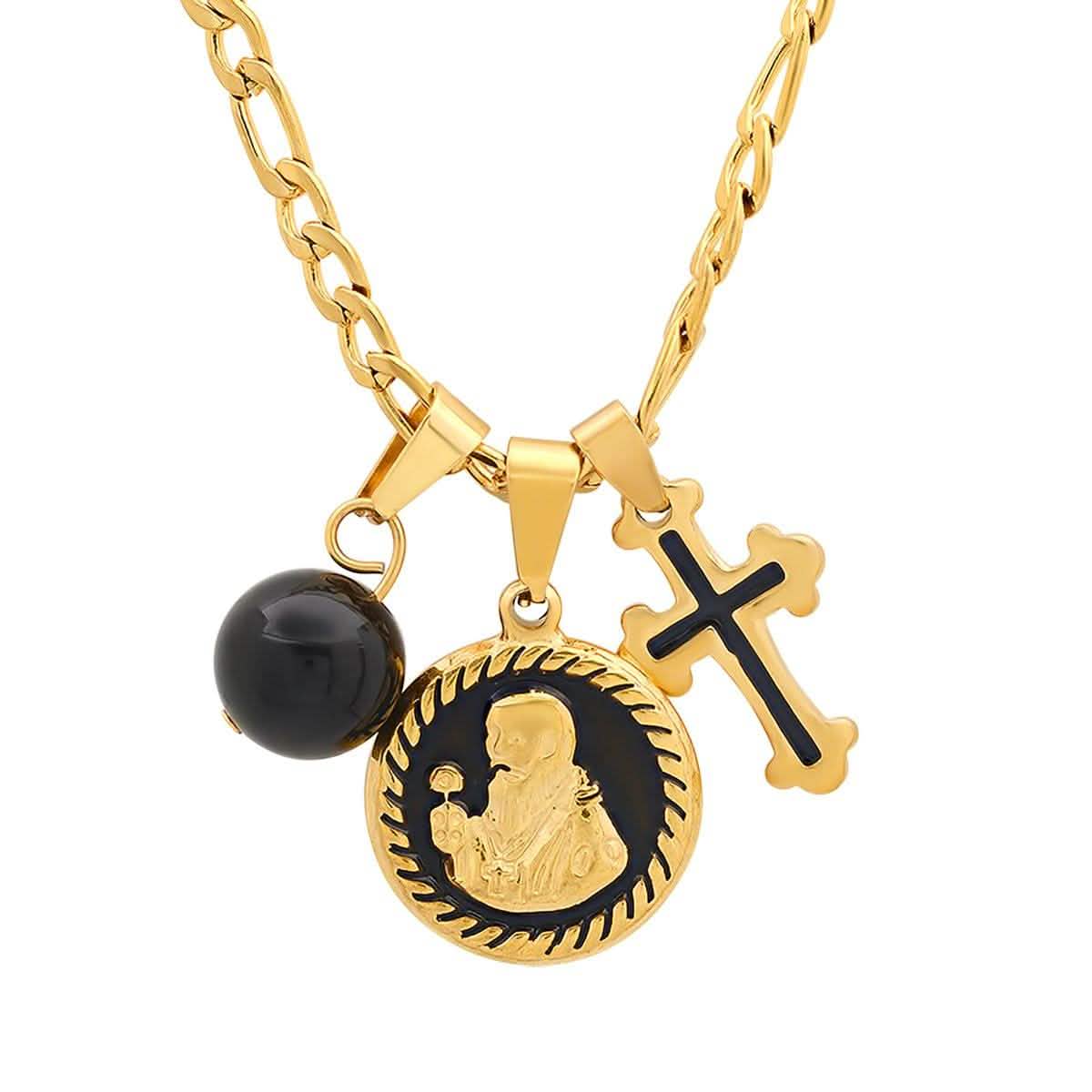 Men's Stainless Steel and Black Enamel St. Benedict, Black Ball and Cross Charm Pendant DailySale