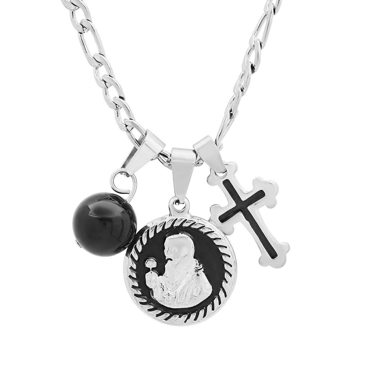 Men's Stainless Steel and Black Enamel St. Benedict, Black Ball and Cross Charm Pendant DailySale
