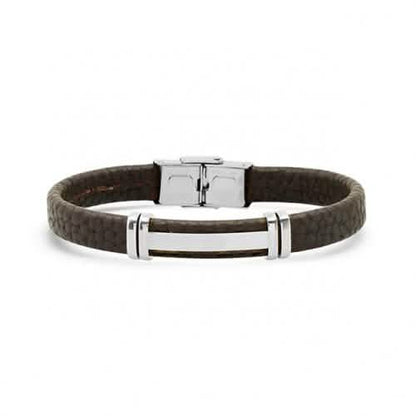 Men's Stainless Steel and Brown Leather ID Bracelet DailySale