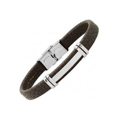 Men's Stainless Steel and Brown Leather ID Bracelet DailySale