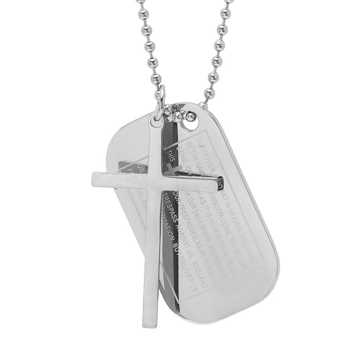 Men's Stainless Steel Cross and Our Father Prayer Dog Tag Pendants on Ball Chain DailySale