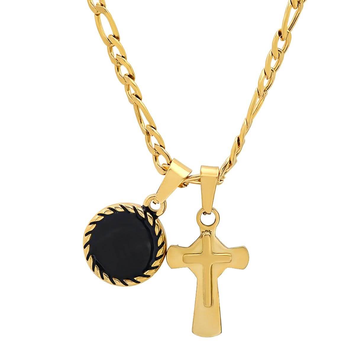 Men's Stainless Steel Cross and Round Black Enamel Pendant DailySale