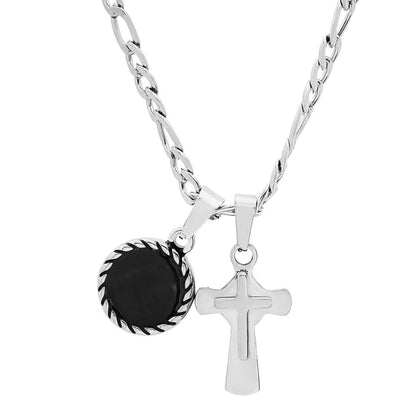 Men's Stainless Steel Cross and Round Black Enamel Pendant DailySale
