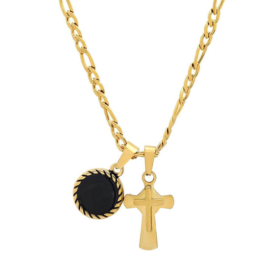 Men's Stainless Steel Cross and Round Black Enamel Pendant DailySale