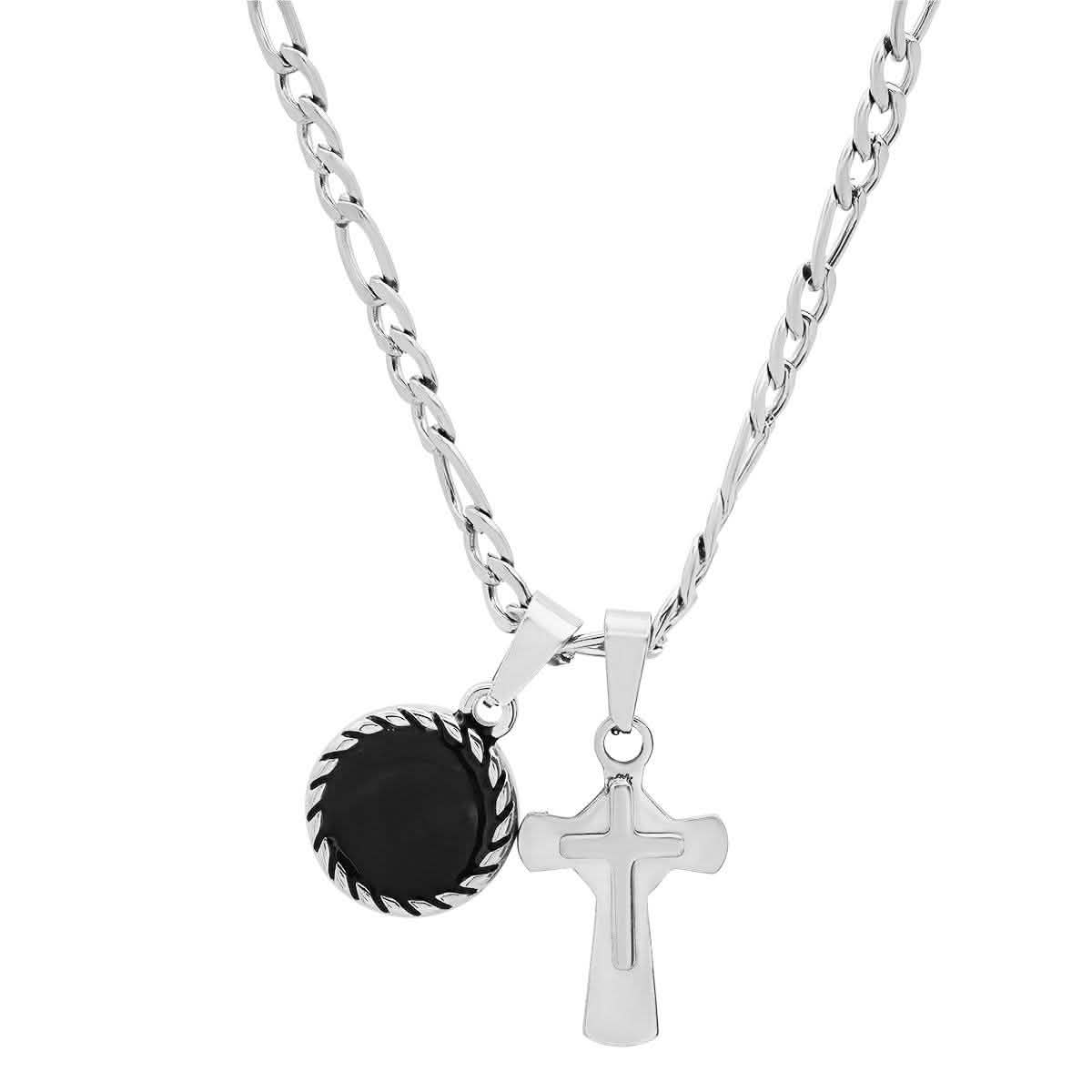 Men's Stainless Steel Cross and Round Black Enamel Pendant DailySale