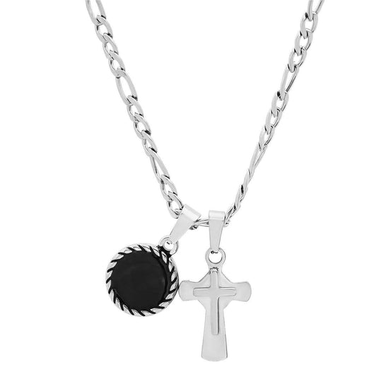 Men's Stainless Steel Cross and Round Black Enamel Pendant DailySale