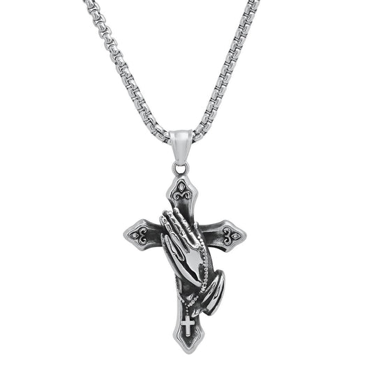 Men's Stainless Steel Oxidized Prayer Hand and Cross Pendant DailySale