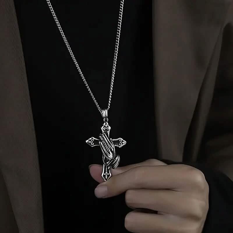 Men's Stainless Steel Prayer Hand and Cross Pendant Necklace DailySale