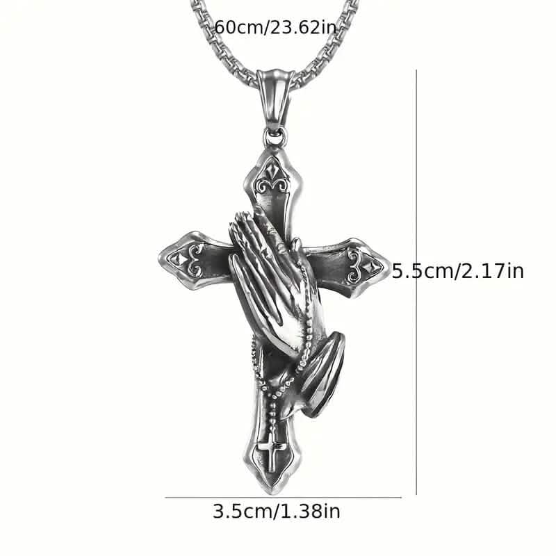 Men's Stainless Steel Prayer Hand and Cross Pendant Necklace DailySale