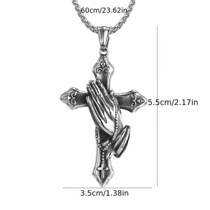 Men's Stainless Steel Prayer Hand and Cross Pendant Necklace DailySale