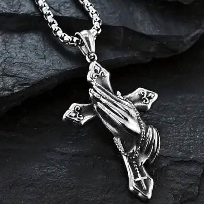 Men's Stainless Steel Prayer Hand and Cross Pendant Necklace DailySale