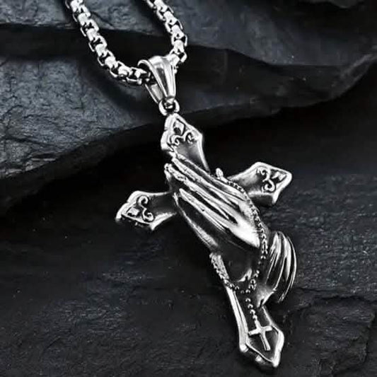 Men's Stainless Steel Prayer Hand and Cross Pendant Necklace DailySale