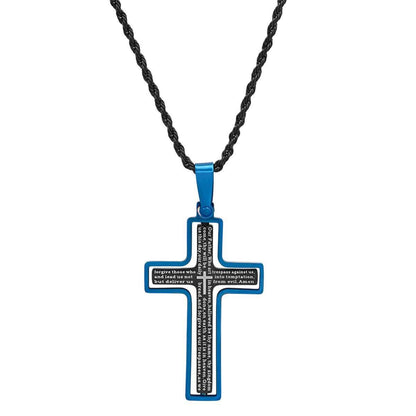 Men's Two Tone Black and Blue IP Stainless Steel Our Father English Cross Pendant DailySale