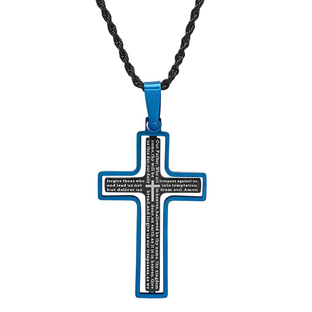 Men's Two Tone Black and Blue IP Stainless Steel Our Father English Cross Pendant DailySale