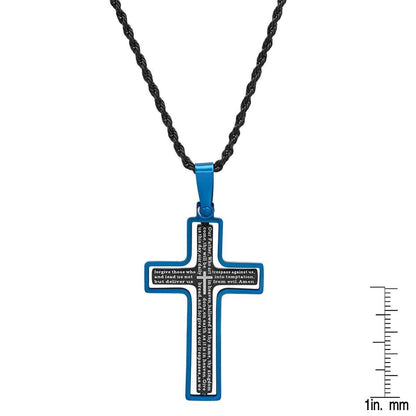 Men's Two Tone Black and Blue IP Stainless Steel Our Father English Cross Pendant DailySale