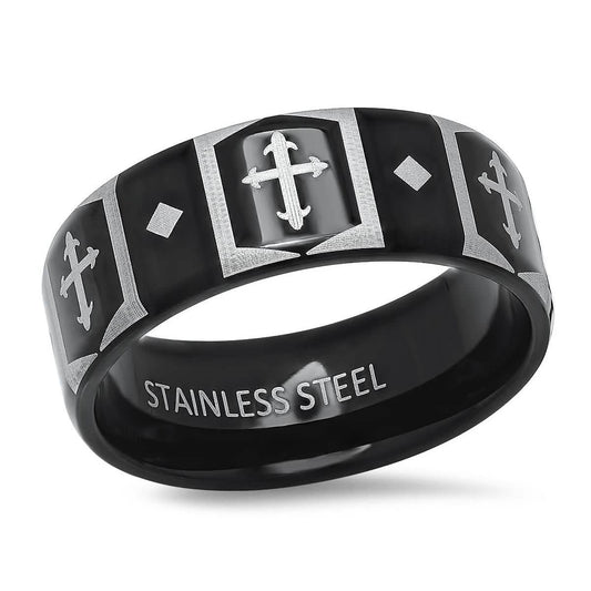 Men's Two Tone Black IP and Stainless Steel Band Ring with Cross Accents DailySale