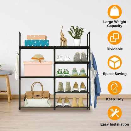 Metal Shoe Storage Shelf Free Standing Shoe Stand with 2 Row Hooks DailySale