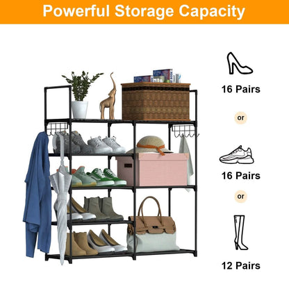 Metal Shoe Storage Shelf Free Standing Shoe Stand with 2 Row Hooks DailySale
