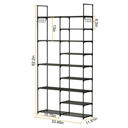Metal Shoe Storage Shelf Free Standing Shoe Stand with 2 Row Hooks DailySale