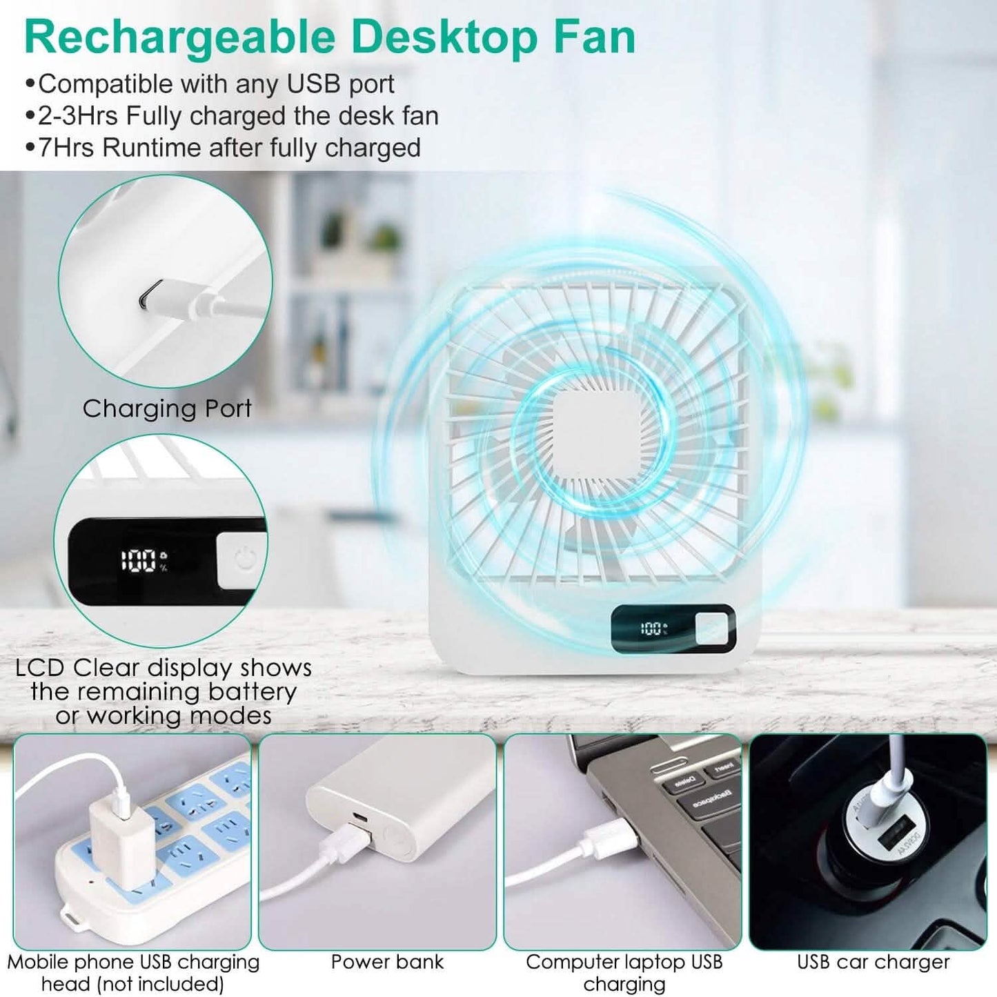 Mini Desktop Cooling Fan Rechargeable Battery Powered with LCD Display DailySale