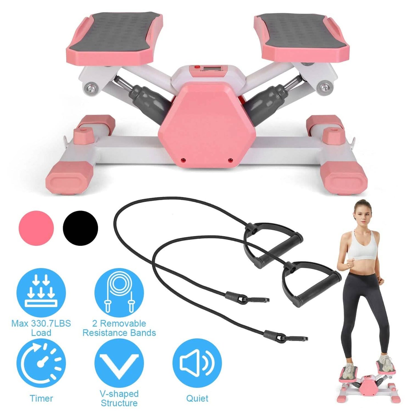 Mini Stepper Stair Stepper with Resistance Bands Quiet Workout with Digital Timer DailySale