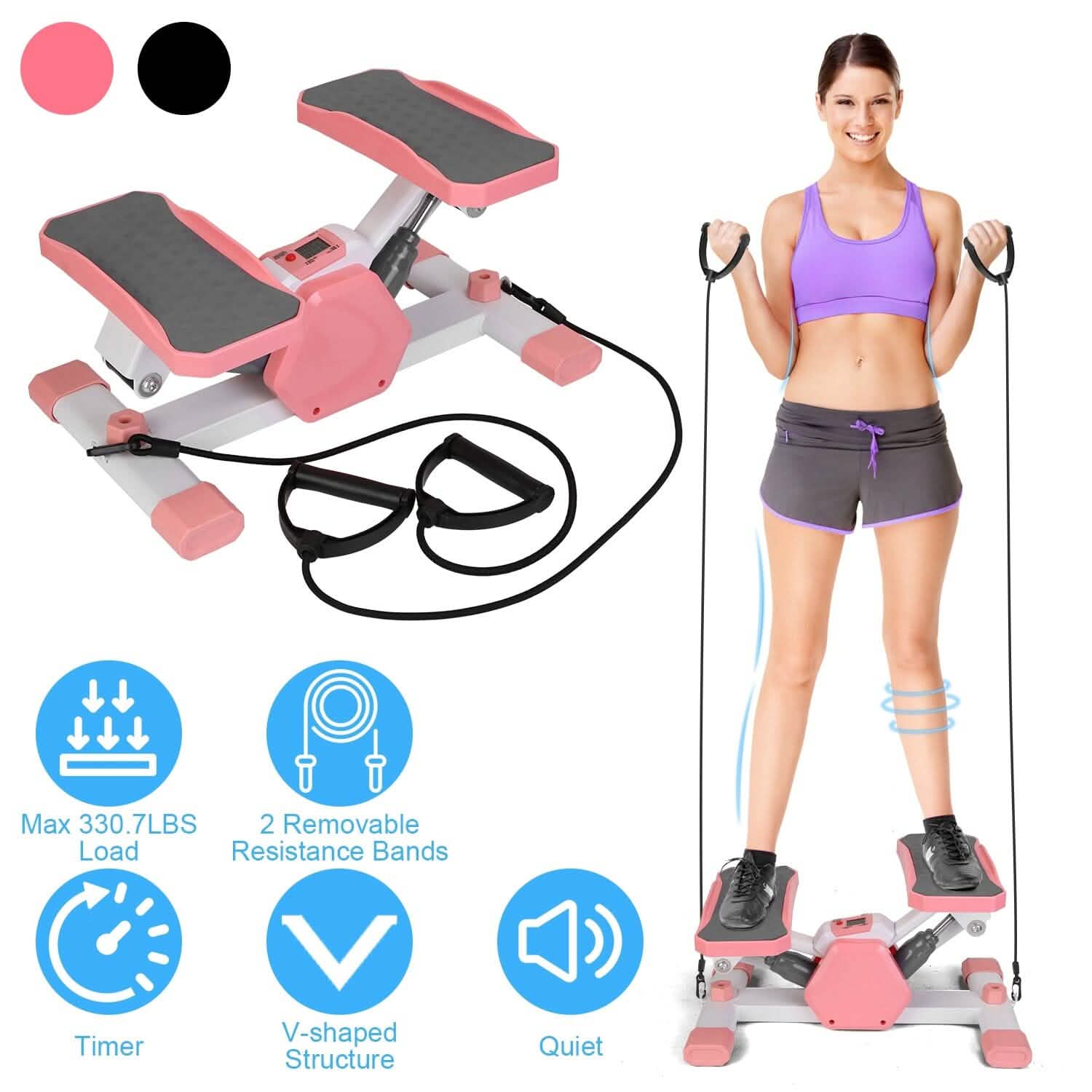 Mini Stepper Stair Stepper with Resistance Bands Quiet Workout with Digital Timer DailySale