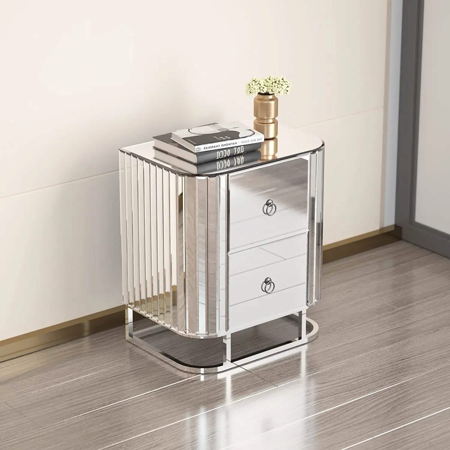 Mirrored Accent Table with 2 Drawers and Stainless Steel Frame DailySale