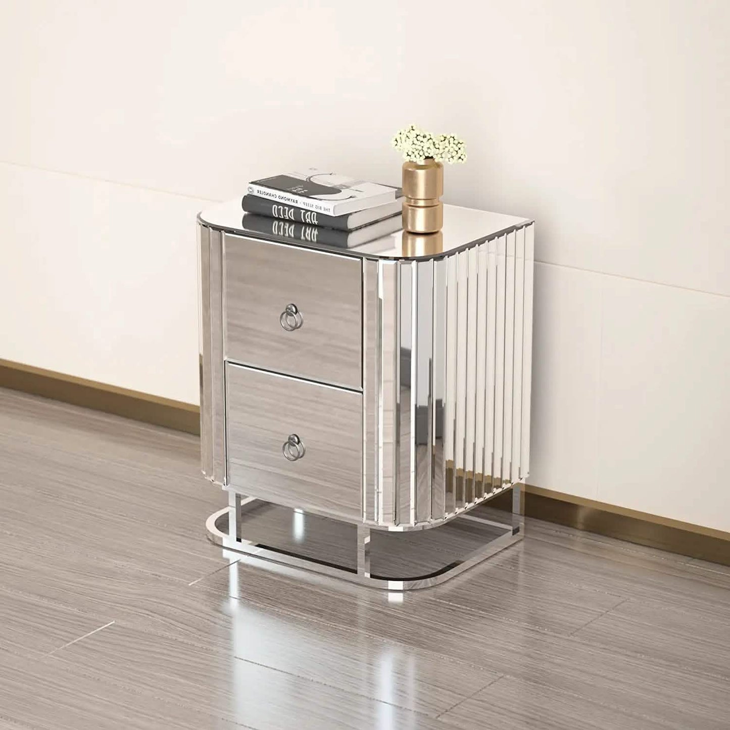 Mirrored Accent Table with 2 Drawers and Stainless Steel Frame DailySale