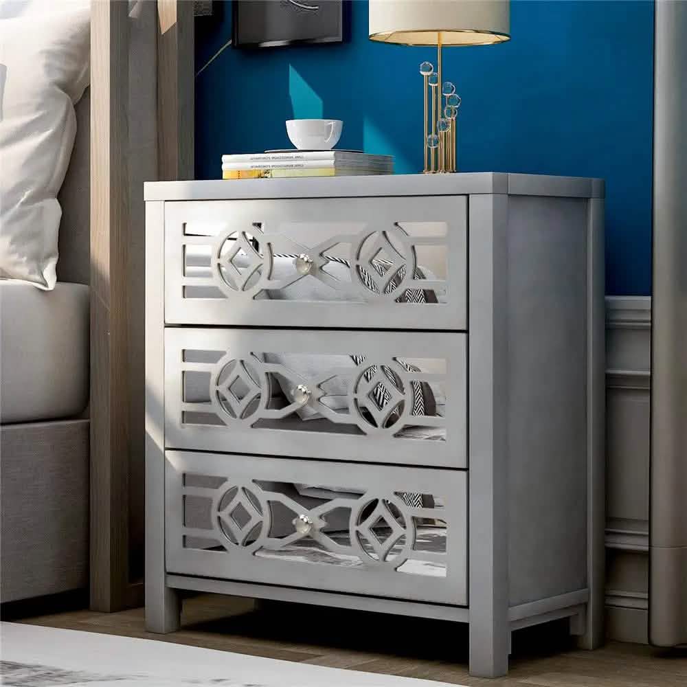 Mirrored Carved Pattern Modern Gold Finish Bedroom Nightstand DailySale
