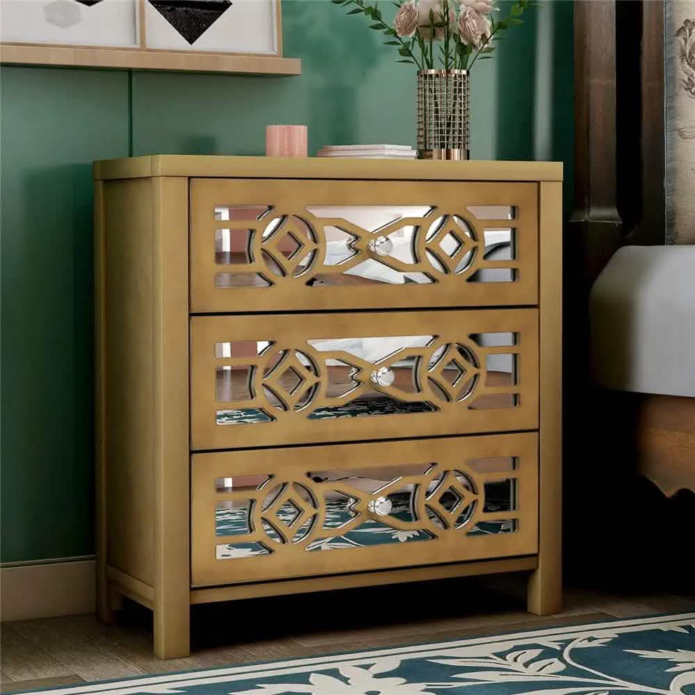 Mirrored Carved Pattern Modern Gold Finish Bedroom Nightstand DailySale