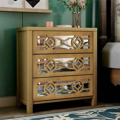 Mirrored Carved Pattern Modern Gold Finish Bedroom Nightstand DailySale