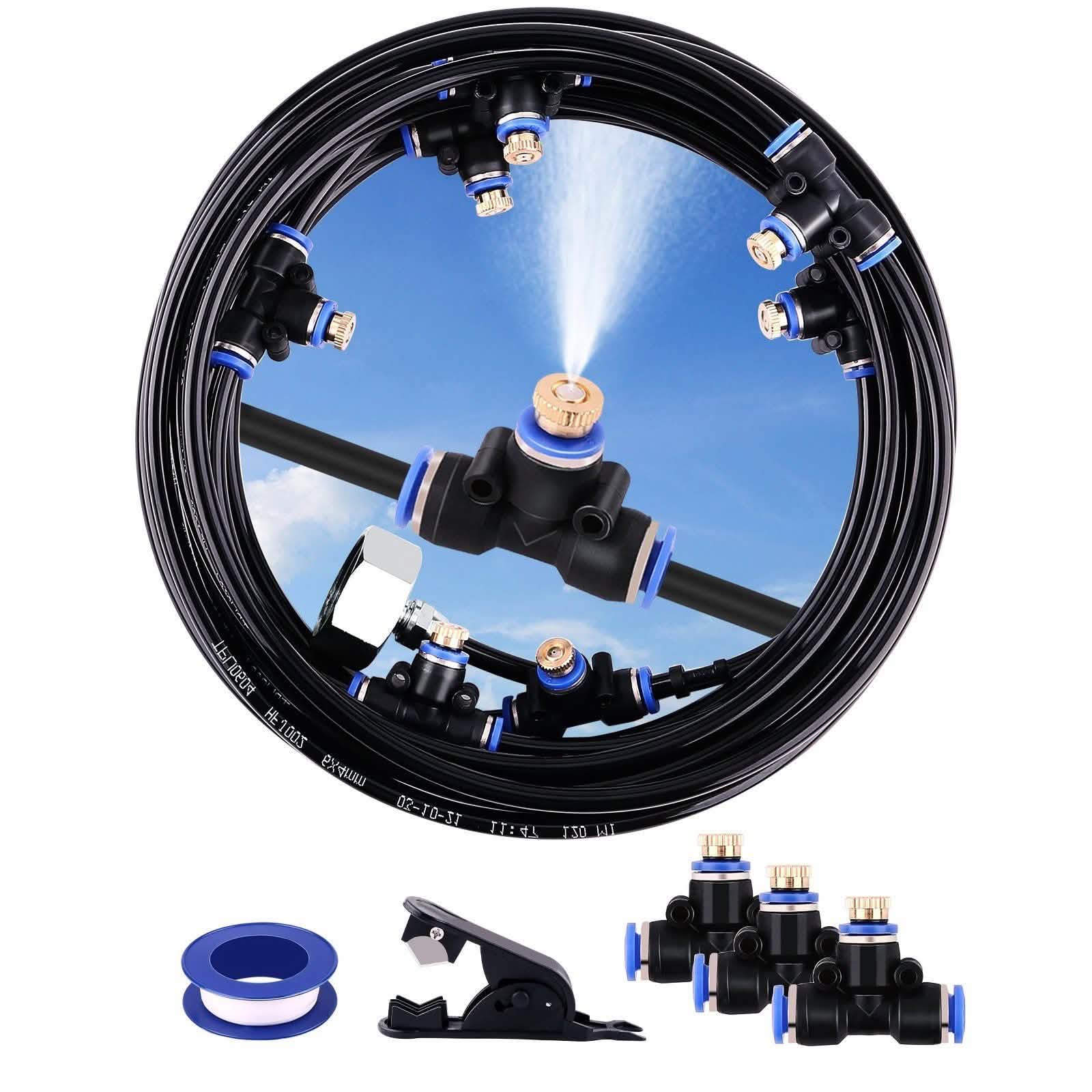 Mist Cooling System 26Ft Line + 10 T-Joint Nozzles Water Sprayer DailySale