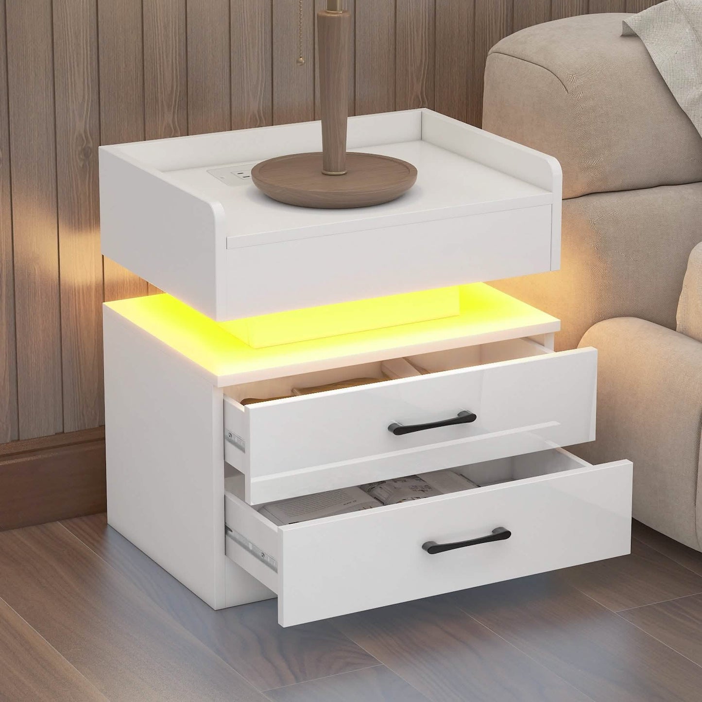 Modern Night Stand with LED Lights and Charging Station DailySale