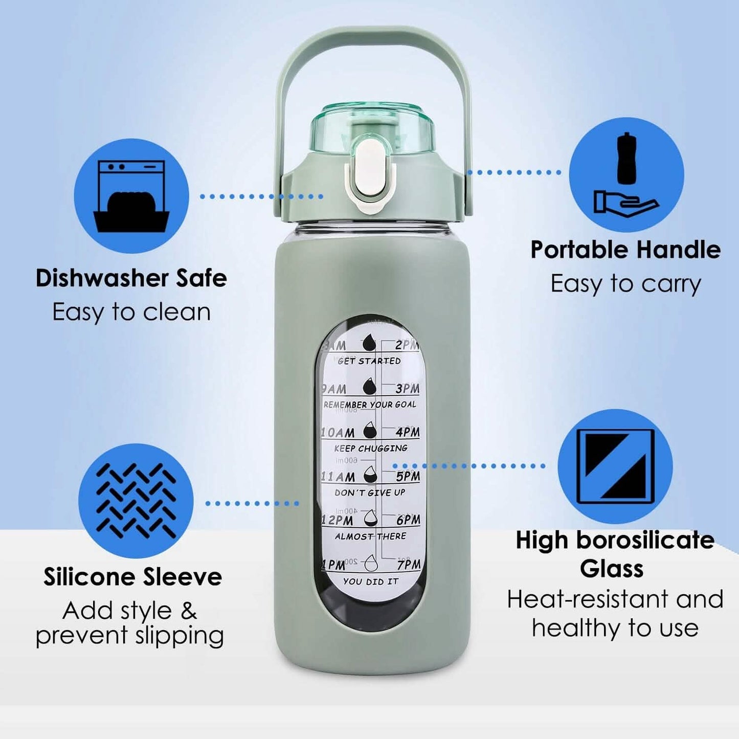 Motivational Water Bottle Intake Tracker with Straw Time Marker Silicone Sleeve Handle DailySale