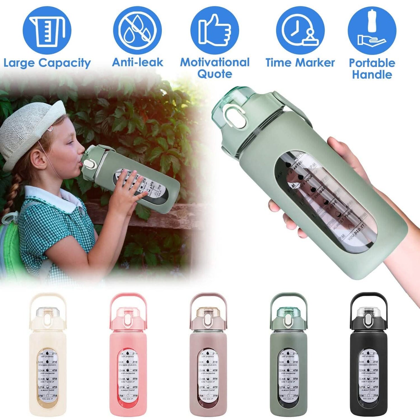 Motivational Water Bottle Intake Tracker with Straw Time Marker Silicone Sleeve Handle DailySale