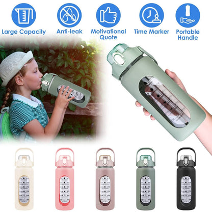 Motivational Water Bottle Intake Tracker with Straw Time Marker Silicone Sleeve Handle DailySale