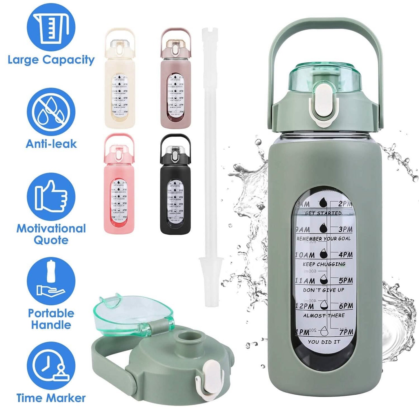 Motivational Water Bottle Intake Tracker with Straw Time Marker Silicone Sleeve Handle DailySale