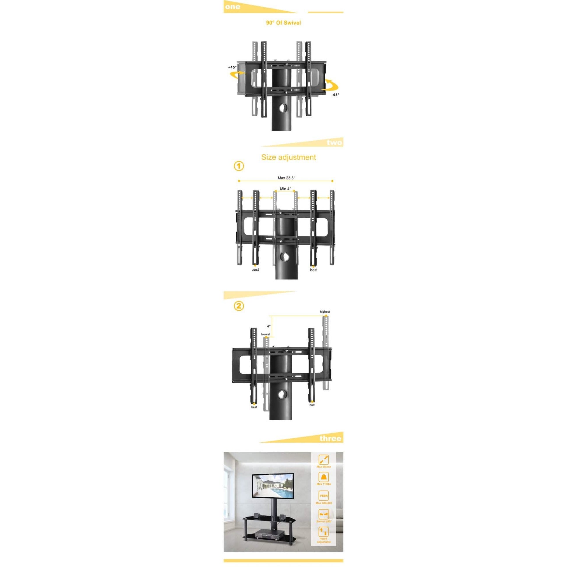 Multi-Function Angle and Height Adjustable Tempered Glass Metal Frame Floor TV Stand DailySale
