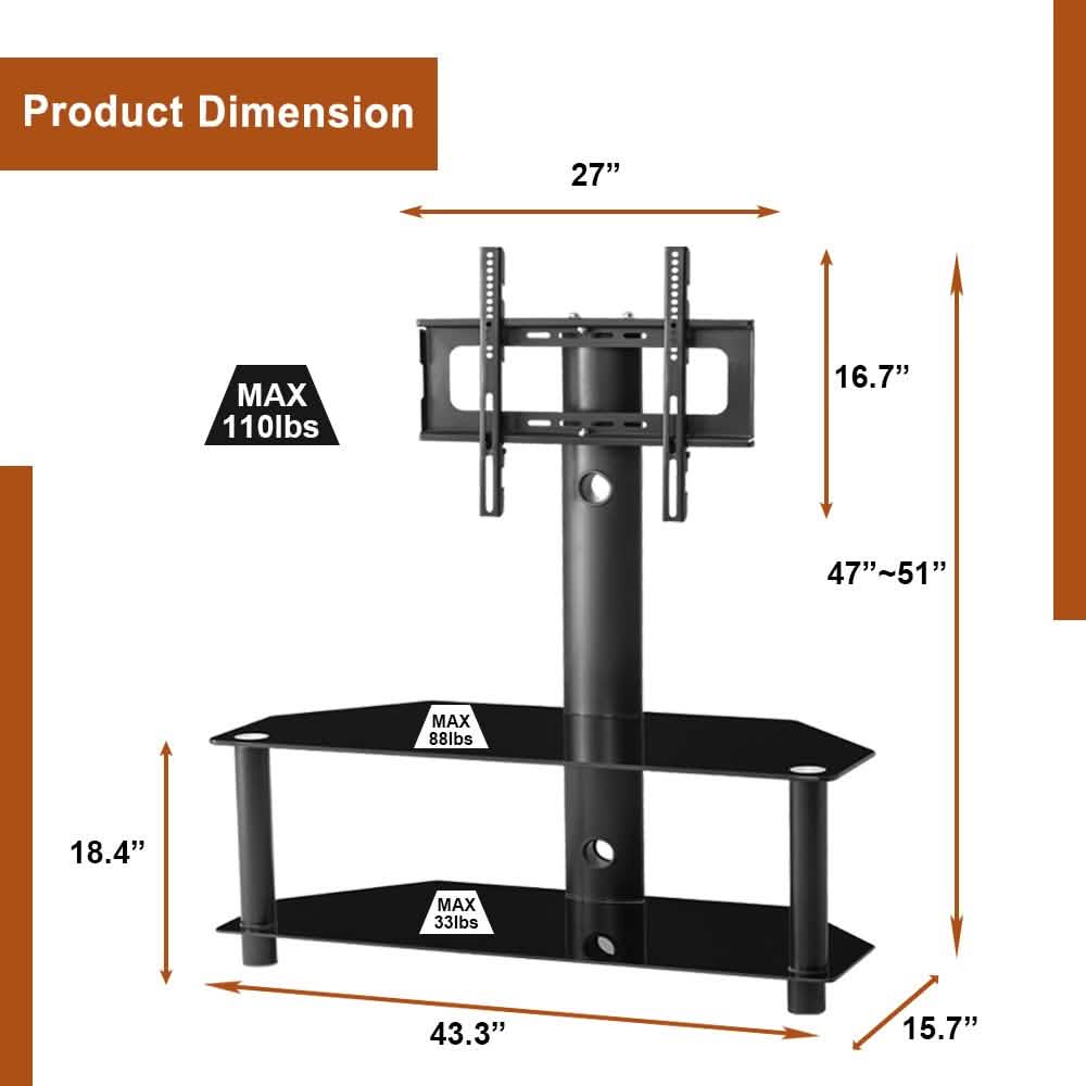 Multi-Function Angle and Height Adjustable Tempered Glass Metal Frame Floor TV Stand DailySale
