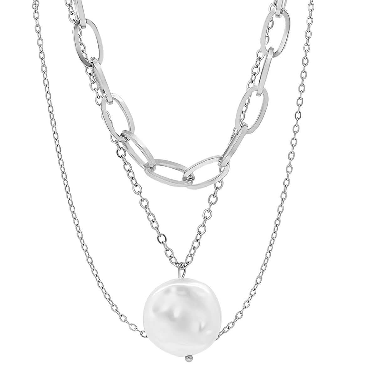 Multi Row Chain Necklace with Pearl Charm DailySale